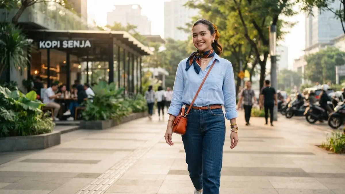 Kemeja kasual dipadukan aksesori berwarna menciptakan penampilan modern, praktis, segar, dan tetap elegan setiap hari (BTV/AI)
