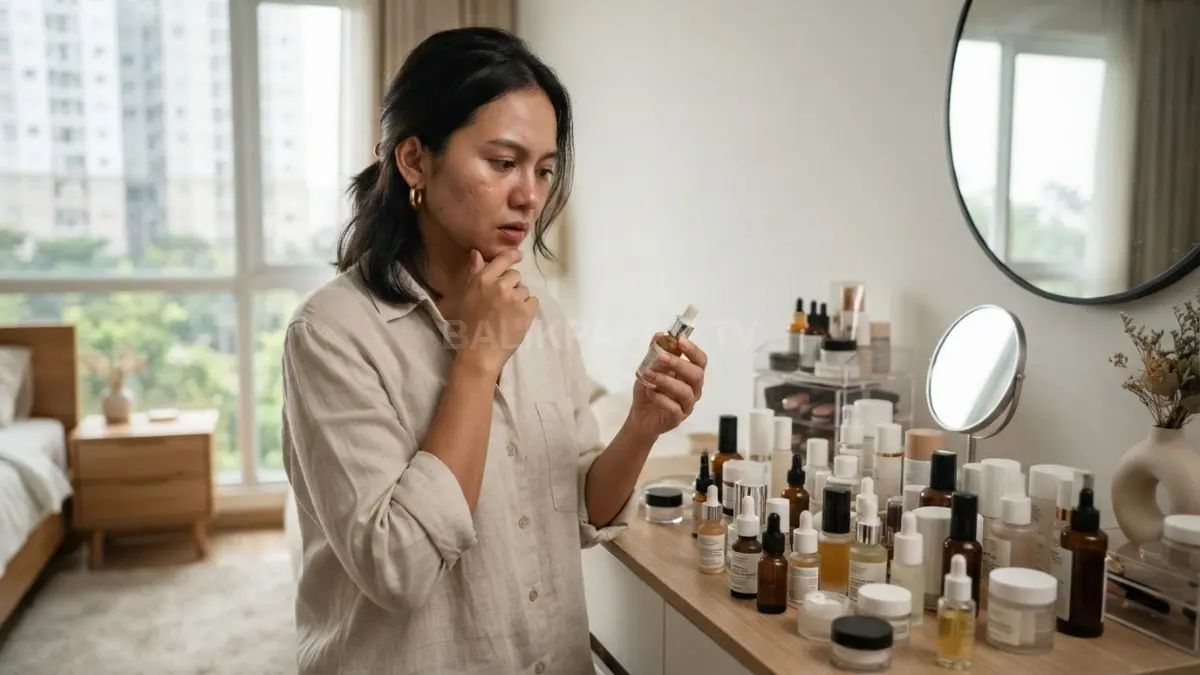Kesalahan penggunaan skincare sering berasal dari kebiasaan berganti produk terlalu cepat tanpa memberi waktu kulit beradaptasi. (BTV/AI)
