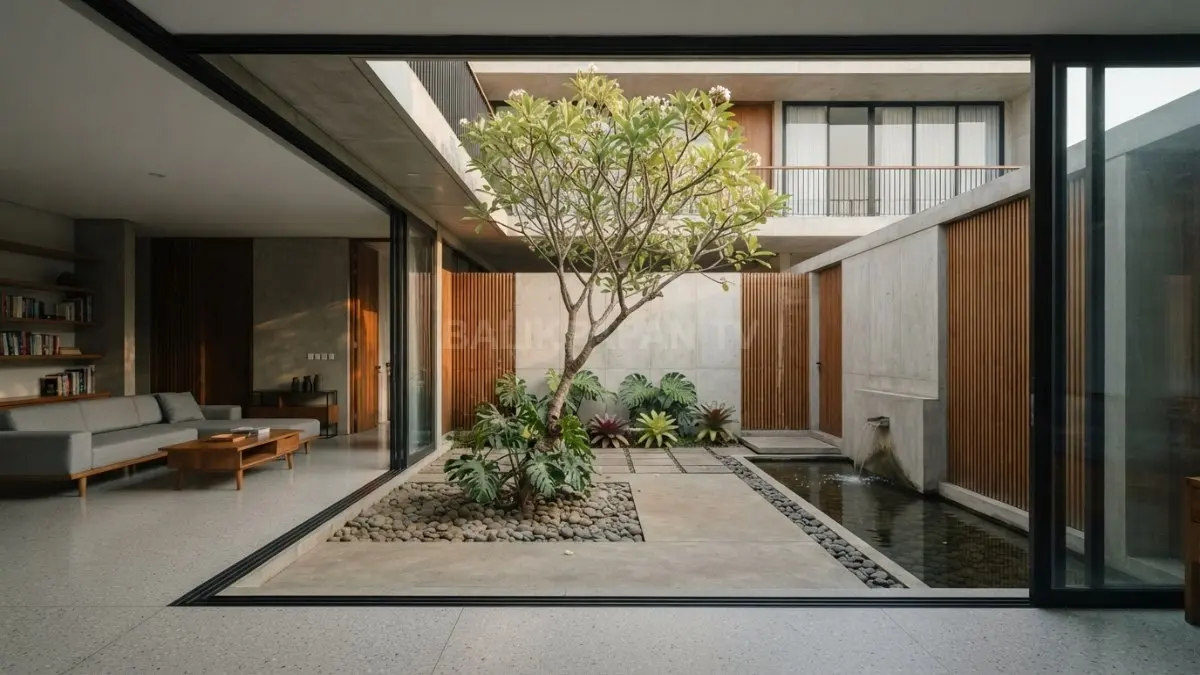 Konsep inner courtyard menghadirkan cahaya alami dan ventilasi optimal pada hunian tropis modern masa kini (BTV/AI)
