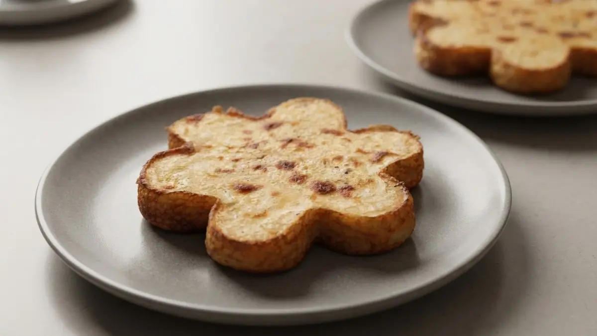 Kue bingka kentang berbentuk bunga kelopak delapan yang berwarna kuning kecokelatan matang sempurna di atas piring saji. (BTV/Ai)