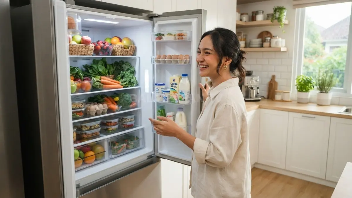 Kulkas yang bersih dan tertata rapi membantu menjaga kesegaran bahan makanan setiap hari di rumah. (BTV/AI)