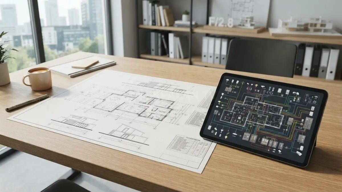 Lembaran kertas cetak biru arsitektur rumah modern yang bersebelahan dengan gawai tablet digital berisikan diagram sistem otomasi kabel. (BTV/Ai)
