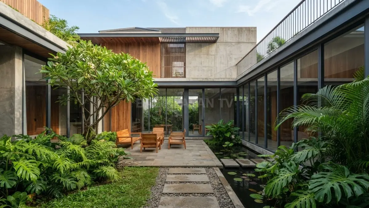 Material tahan cuaca dan tanaman tropis mendukung fungsi serta keindahan inner courtyard sepanjang tahun (BTV/AI)