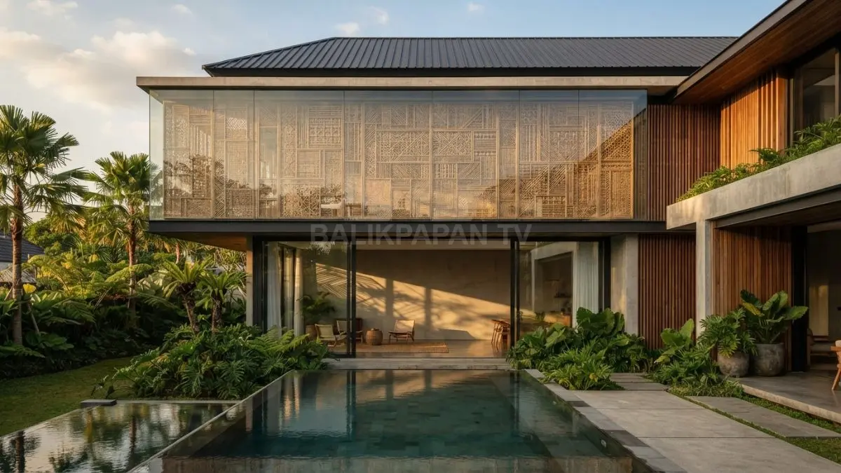 Panel kaca ganda melindungi anyaman bambu tradisional sekaligus meneruskan cahaya alami ke dalam ruangan. (BTV/Ai)