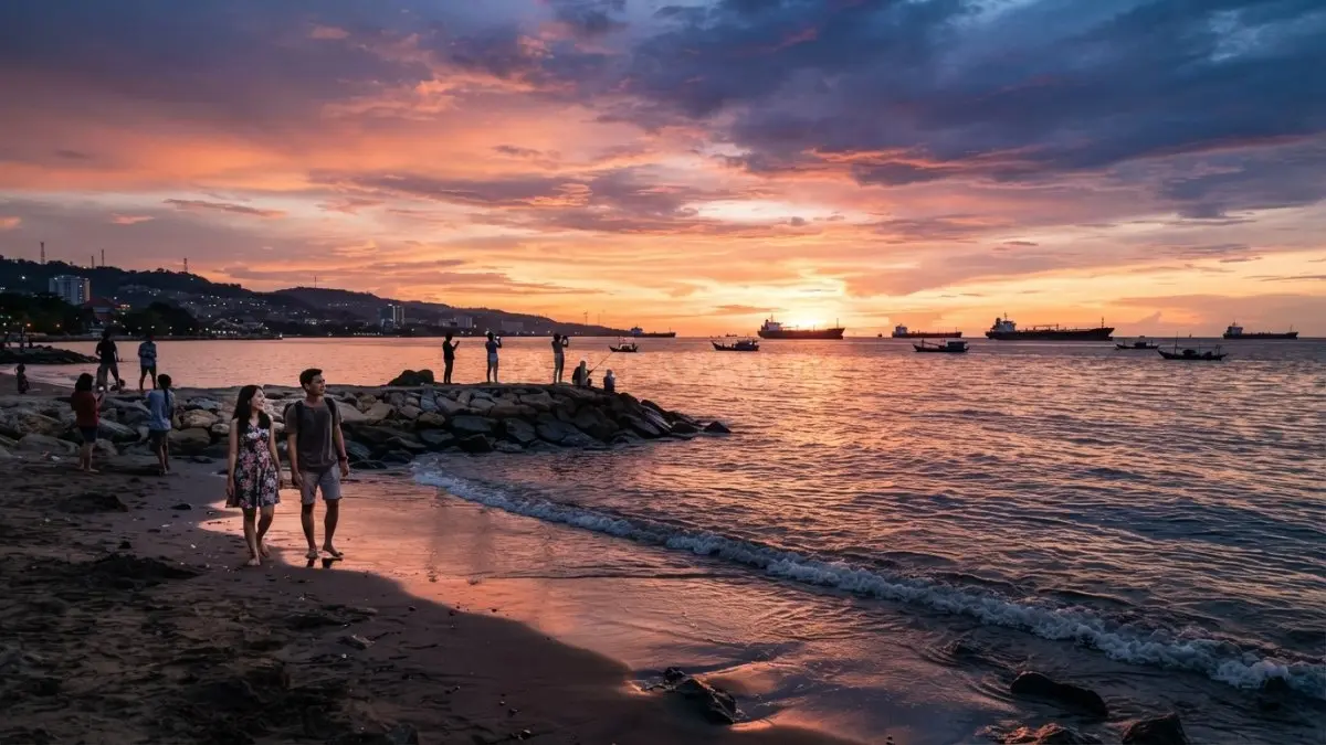 Panorama matahari terbenam di Pantai Banua Patra dengan siluet kapal di Selat Makassar. (BTV/AI)