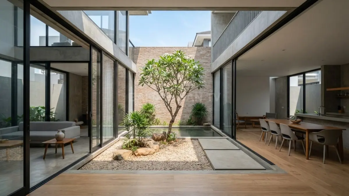 Penempatan inner courtyard tepat membantu cahaya dan udara alami menjangkau seluruh ruang rumah secara optimal (BTV/AI)