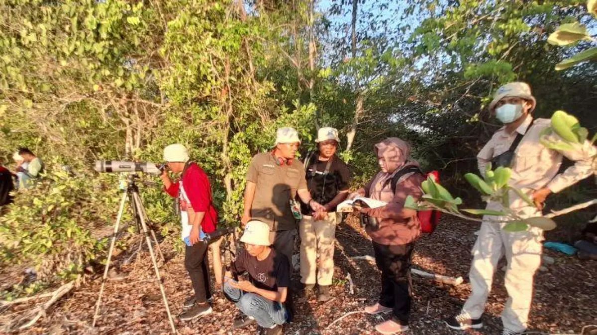 Pengamat burung menggunakan teropong di kawasan hijau menikmati aktivitas birdwatching pada pagi hari. (BTV/AI)