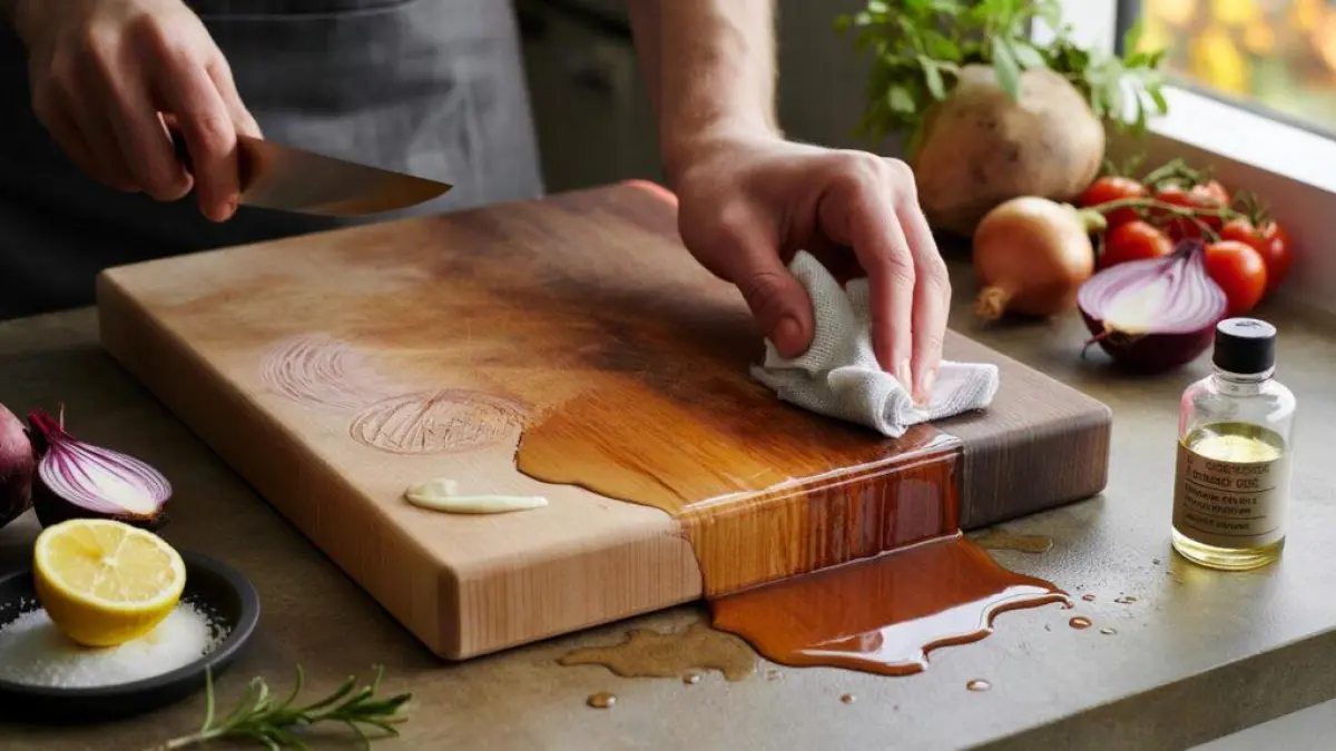 Pengolesan minyak food grade pada talenan kayu untuk menjaga serat tetap awet dan tidak mudah retak. (BTV/AI)