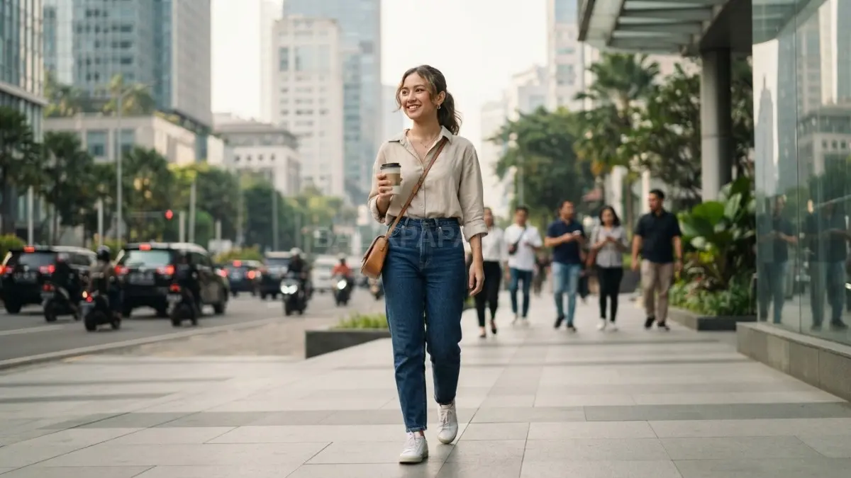 Perpaduan busana kasual dan gaya rambut praktis menciptakan penampilan modern, nyaman, serta mudah diterapkan sehari-hari (BTV/AI)

