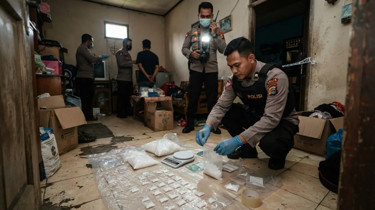 Petugas mengamankan barang bukti sabu dan alat pengemasan dalam penggerebekan di Palaran. (BTV/AI)