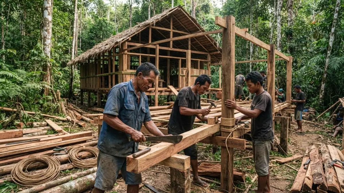Proses masyarakat Punan memanfaatkan material kayu dan bahan alami hutan untuk membangun hunian. (BTV/AI)