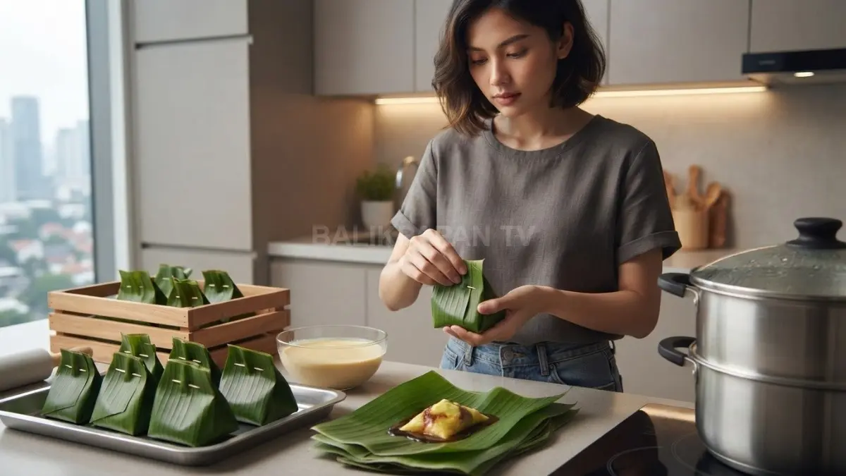 Proses membungkus Bobongko menggunakan daun pisang sebelum dikukus. (BTV/AI)