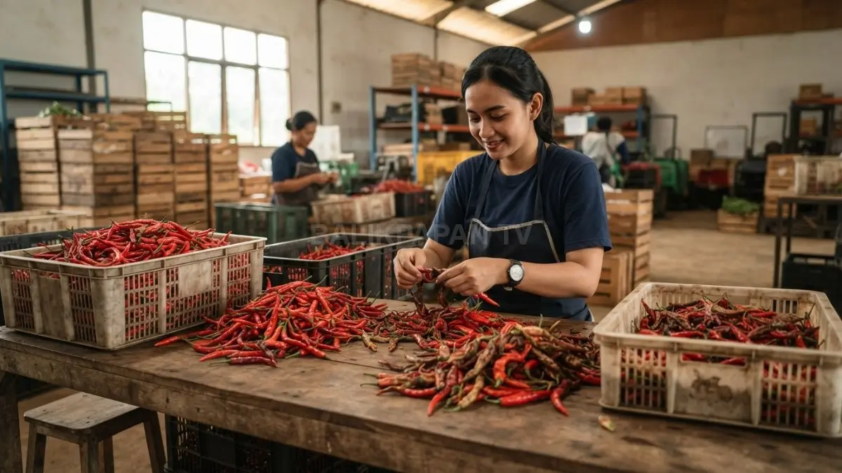 Proses penyortiran cabai untuk memisahkan cabai yang mulai rusak sebelum disimpan. (BTV/AI)