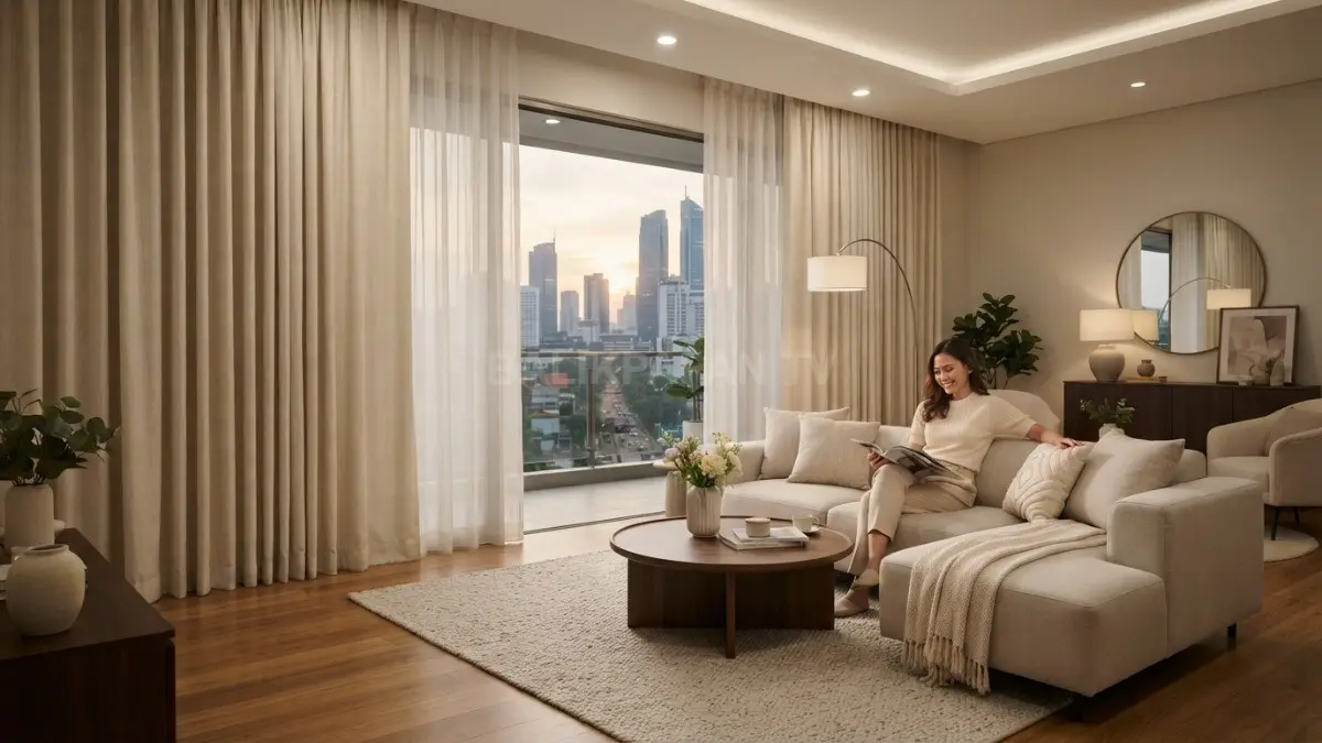 Ruang tamu bergaya hotel memanfaatkan pencahayaan berlapis untuk menghadirkan suasana hangat, elegan, dan nyaman maksimal (BTV/AI)