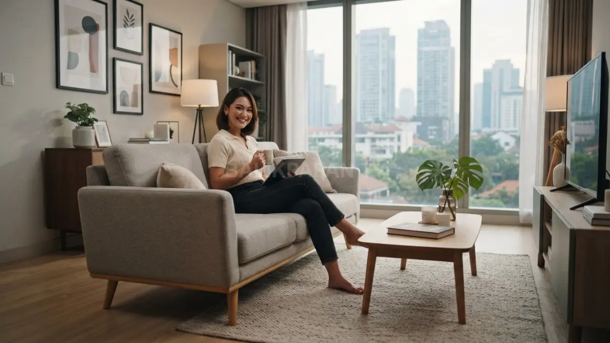 Ruang tamu bergaya hotel menggunakan sofa proporsional untuk menciptakan kesan luas, elegan, dan nyaman maksimal (BTV/AI)
