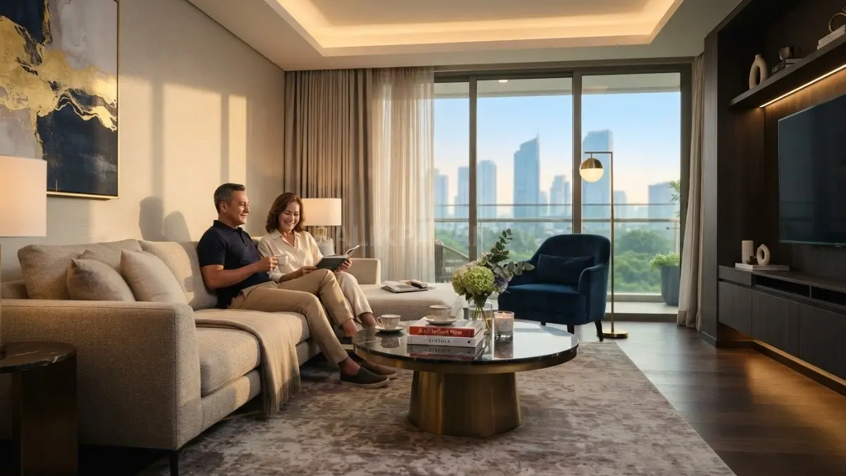 Ruang tamu bergaya hotel menghadirkan sofa netral, pencahayaan hangat, dan dekorasi minimalis elegan nyaman modern (BTV/AI)