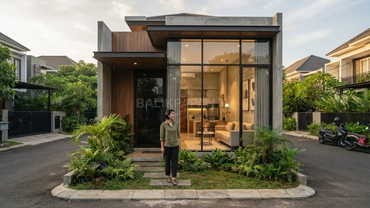 Rumah kecil modern tampil mewah dengan desain elegan, kaca besar, taman mini, dan interior minimalis (BTV/AI)
