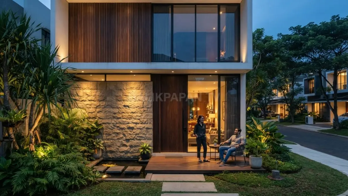 Rumah kecil tampil mewah dengan kombinasi material premium, kayu, kaca, dan batu alam elegan modern (BTV/AI)
