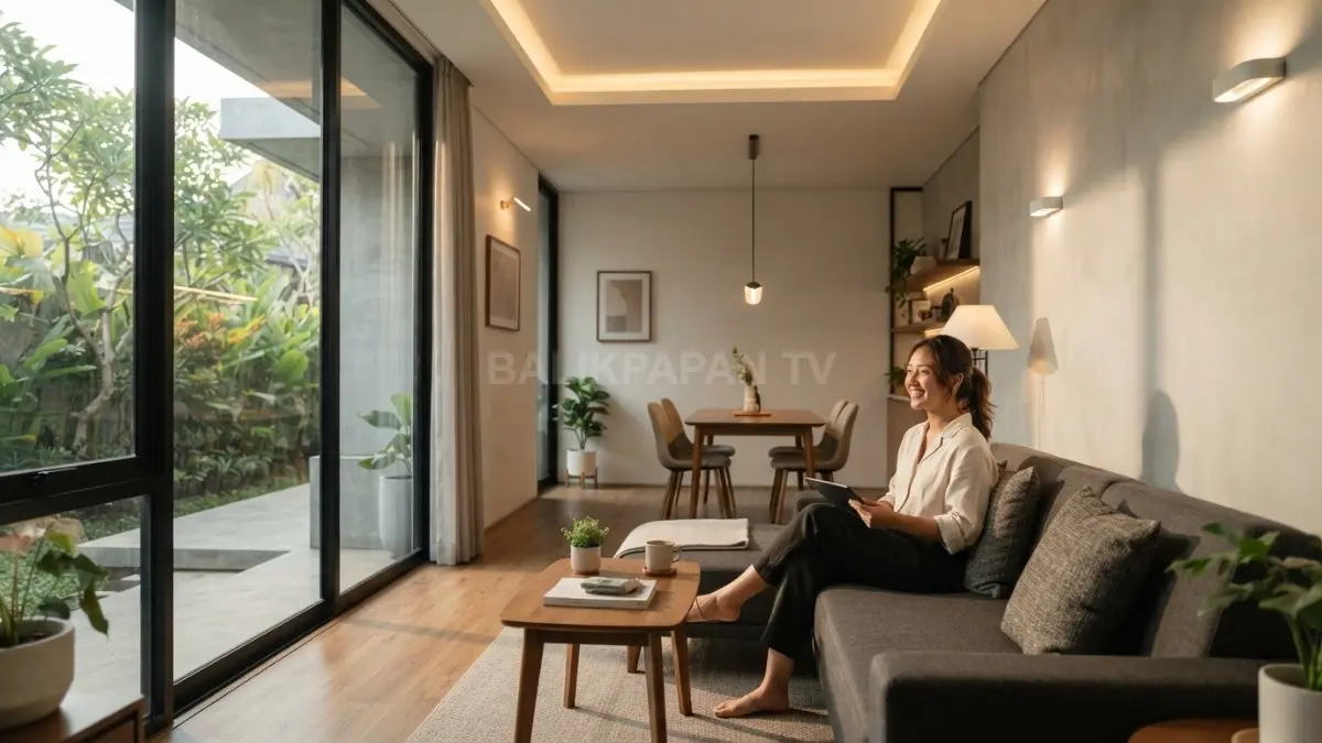 Rumah kecil tampil mewah dengan permainan cahaya, jendela besar, dan interior elegan penuh atmosfer eksklusif (BTV/AI)
