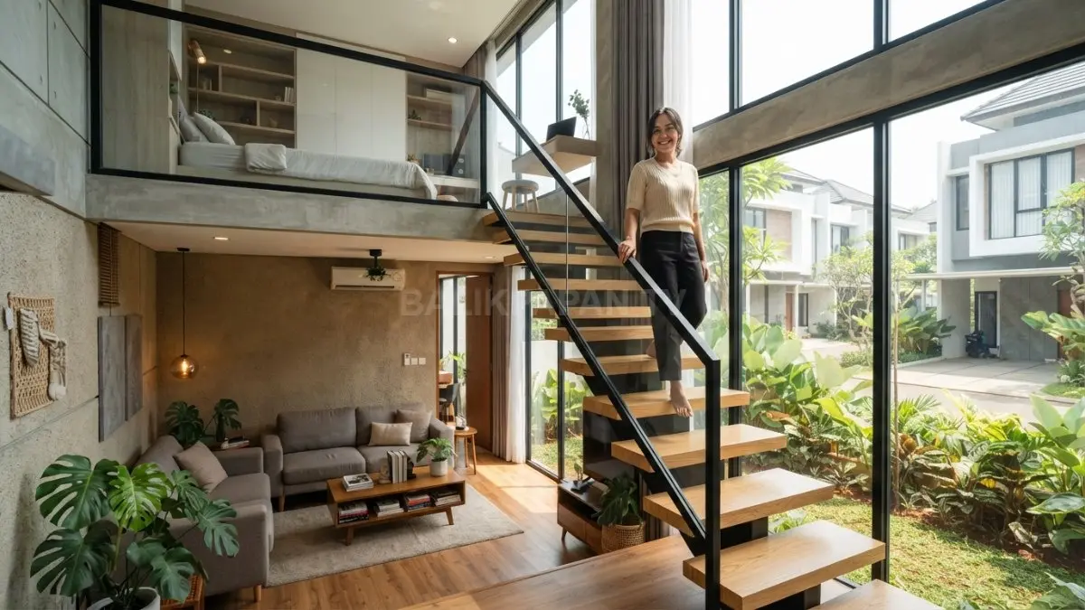 Rumah kecil tampil mewah melalui desain vertikal, mezzanine, dan tangga dekoratif yang mengoptimalkan ruang terbatas (BTV/AI)

