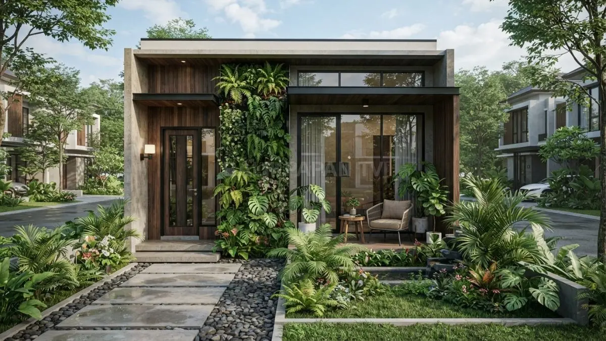 Rumah kecil tropis modern menghadirkan desain premium dengan kayu, tanaman hijau, dan konsep biophilic alami (BTV/AI)
