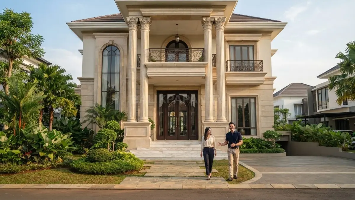 Rumah megah bergaya istana Eropa memadukan pilar besar, marmer, dan desain klasik modern elegan berkelas (BTV/AI)