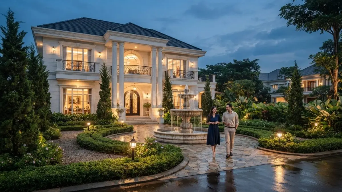 Rumah megah bergaya istana Eropa memadukan taman elegan, air mancur, dan lanskap klasik berkelas mewah (BTV/AI)