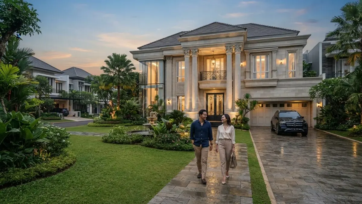 Rumah megah modern bergaya klasik Eropa menghadirkan pilar tinggi, fasad simetris, dan taman elegan menawan harmonis (BTV/AI)