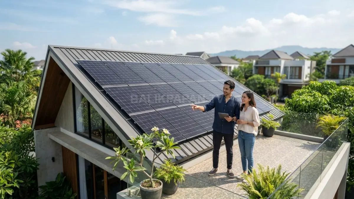 Rumah minimalis modern memanfaatkan panel surya pada atap miring untuk efisiensi energi ramah lingkungan berkelanjutan (BTV/AI)