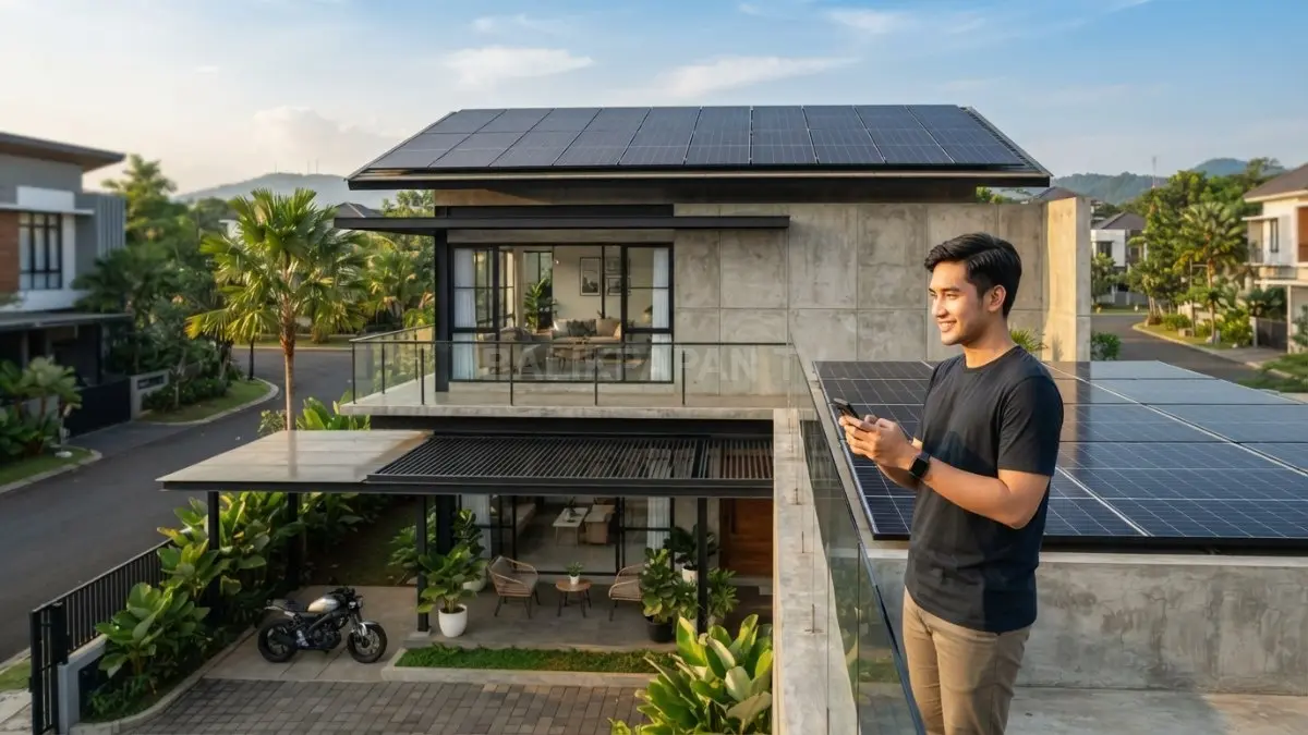Rumah modern bergaya industrial memanfaatkan panel surya untuk efisiensi energi sekaligus memperkuat estetika bangunan ramah lingkungan (BTV/AI)
