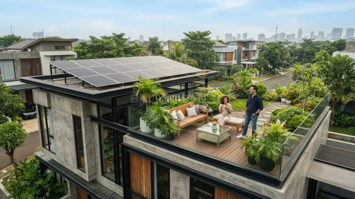 Rumah modern dua lantai memanfaatkan panel surya di rooftop multifungsi untuk efisiensi energi berkelanjutan maksimal (BTV/AI)
