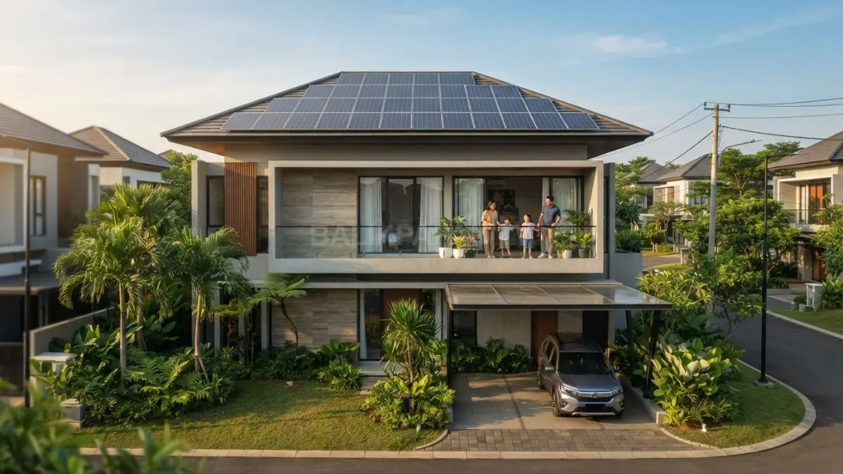Rumah modern dua lantai memanfaatkan panel surya untuk mendukung kebutuhan listrik harian keluarga secara efisien (BTV/AI)
