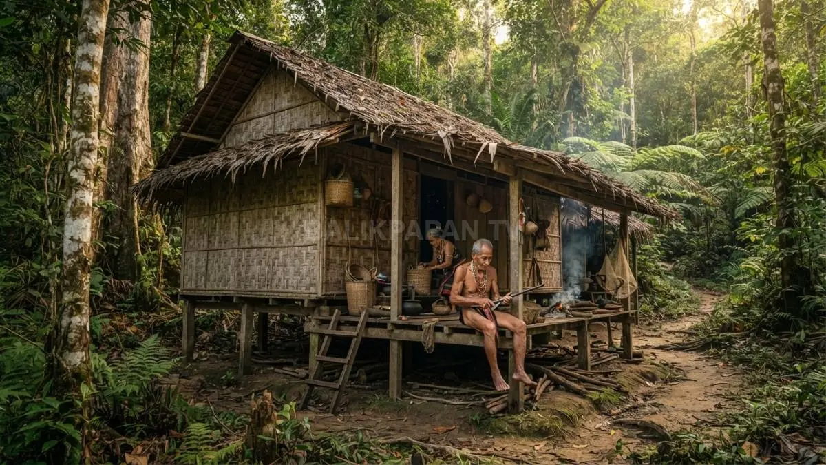 Rumah tradisional masyarakat Punan di kawasan hutan Kalimantan yang menggambarkan arsitektur sederhana dan selaras dengan alam. (BTV/AI)