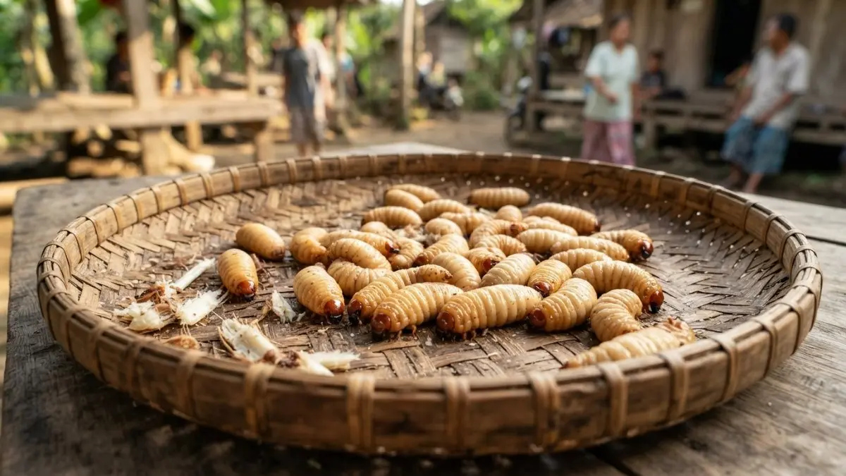 Sejumlah larva kumbang sagu berukuran besar yang diletakkan di atas wadah anyaman bambu tradisional masyarakat adat. (BTV/Ai)