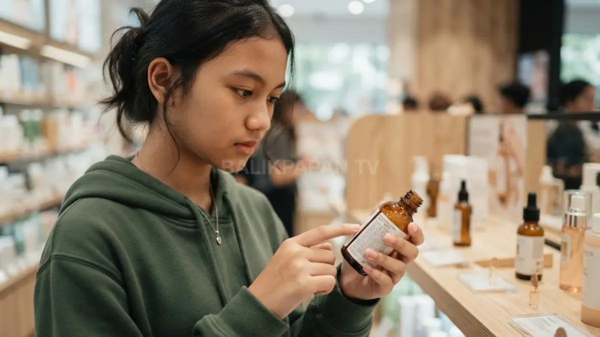 Seorang remaja perempuan sedang mengamati label komposisi bahan aktif di bagian belakang botol kemasan pelembap wajah. (BTV/Ai)