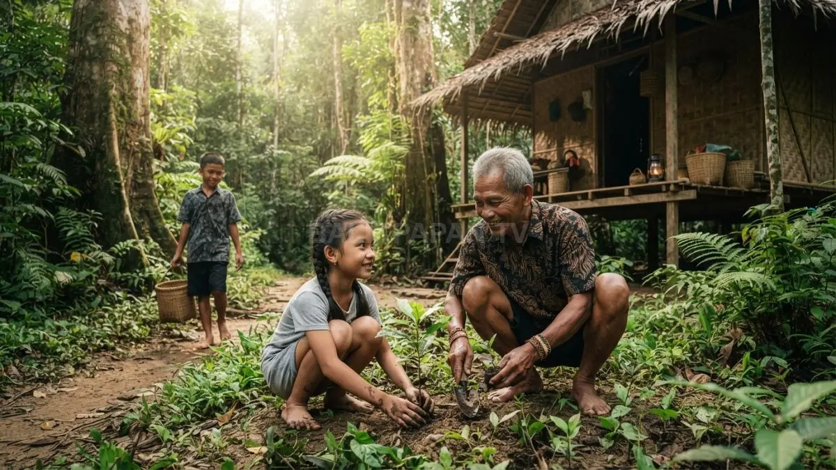 Suasana lingkungan hutan Kalimantan dengan rumah Punan yang menunjukkan hubungan manusia dan alam. (BTV/AI)