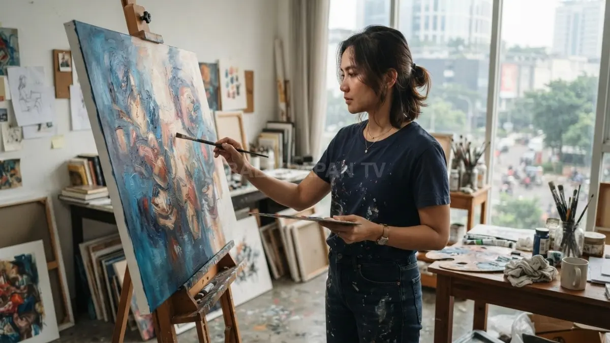 Suasana studio seni yang menunjukkan proses kreatif dan refleksi seorang pelukis modern. (BTV/AI)