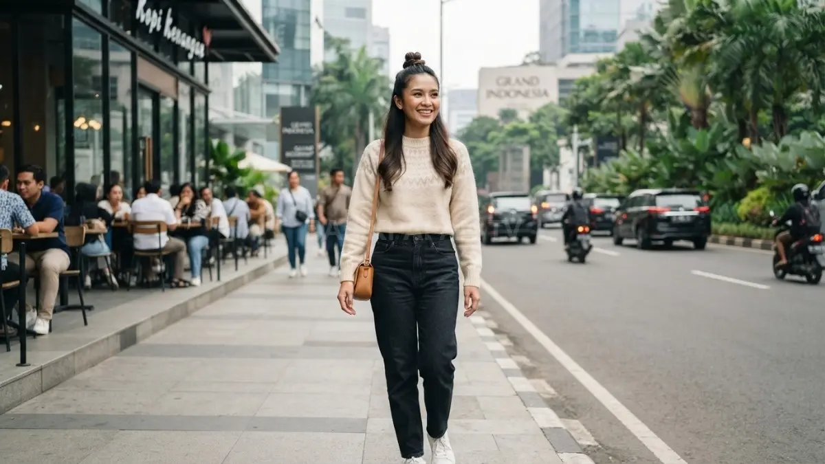 Sweater terang dipadukan gaya rambut high half up half down menghadirkan penampilan kasual modern menawan praktis (BTV/AI)
