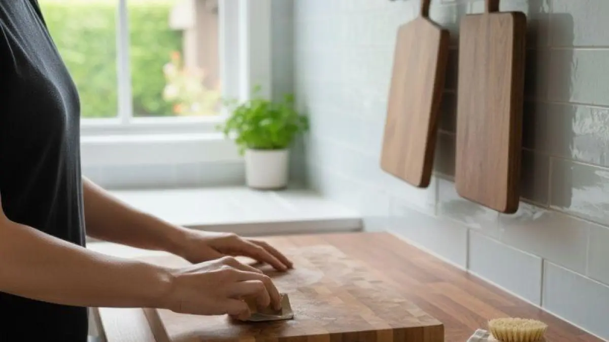 Talenan kayu bersih dan terawat di atas meja dapur setelah dikeringkan dengan benar. (BTV/AI)