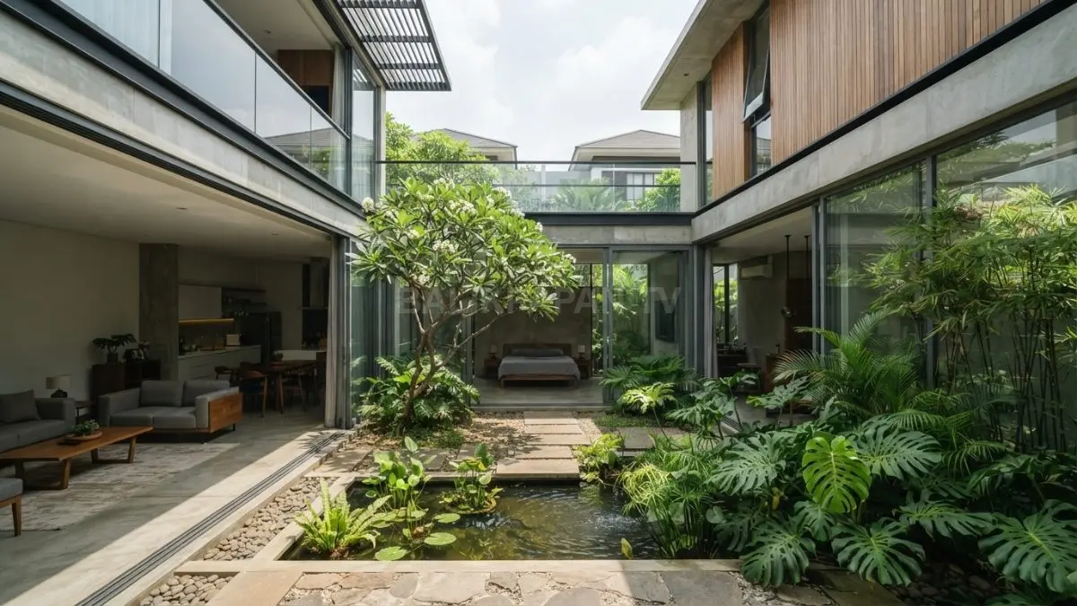 Taman tengah rumah menghadirkan cahaya alami dan sirkulasi udara sehat bagi penghuni setiap hari (BTV/AI)
