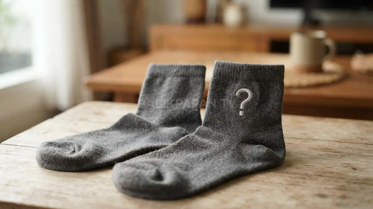 Tanda tanya pada kaus kaki menggambarkan misteri pasangan yang sering hilang dari laci penyimpanan rumah. (BTV/AI)