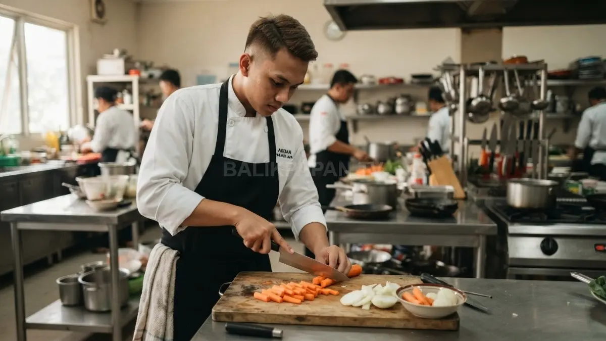 Teknik memotong bahan makanan menjadi dasar keterampilan chef melalui latihan dan pengalaman bertahap (BTV/AI)
