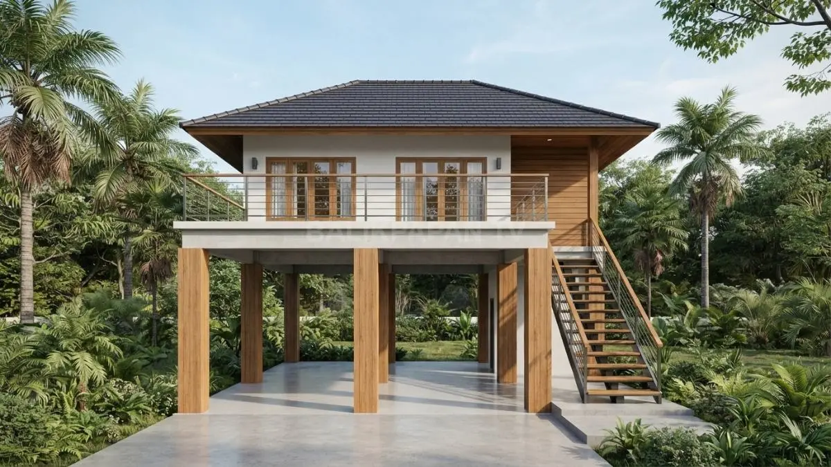 Transformasi tiang rumah panggung menjadi beton komposit meningkatkan kekuatan struktural dan ketahanan terhadap pelapukan. (BTV/Ai)