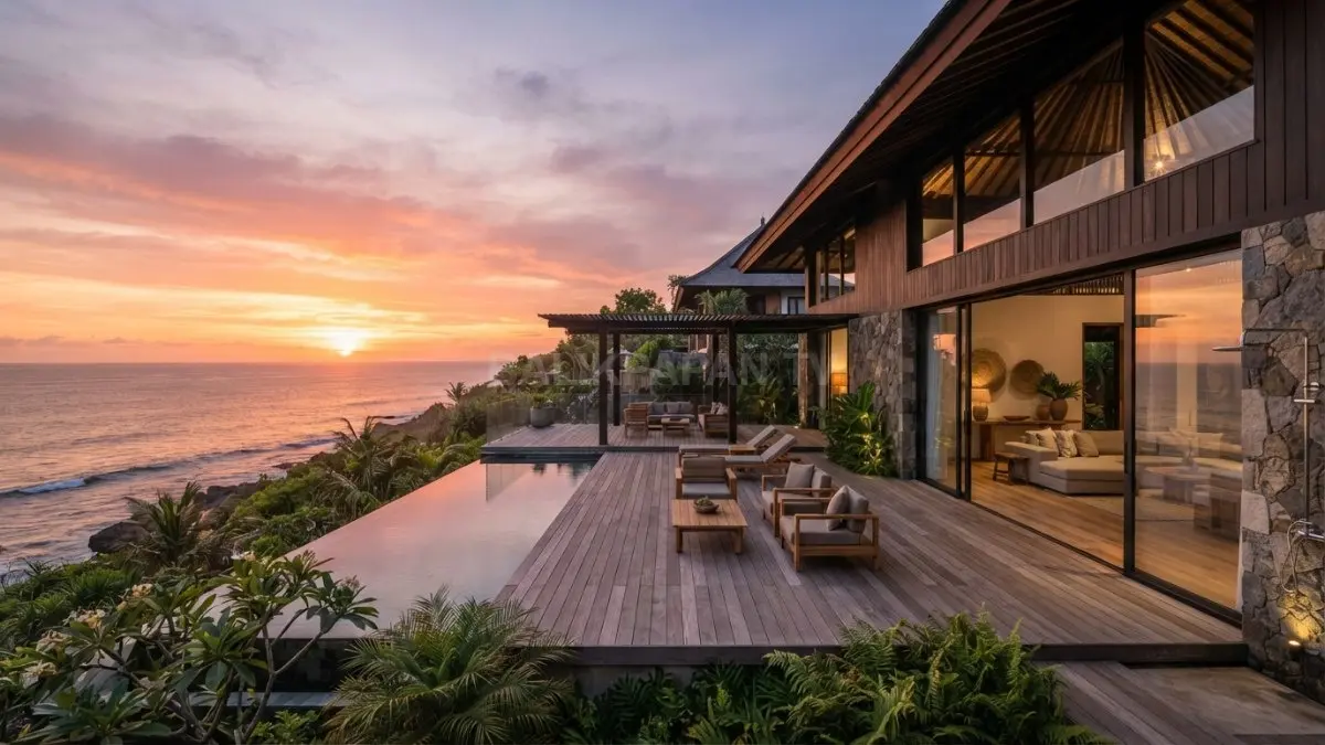 Villa pantai modern menghadirkan fasad terbuka, teras luas, dan panorama matahari terbenam memukau setiap hari. (BTV/AI)