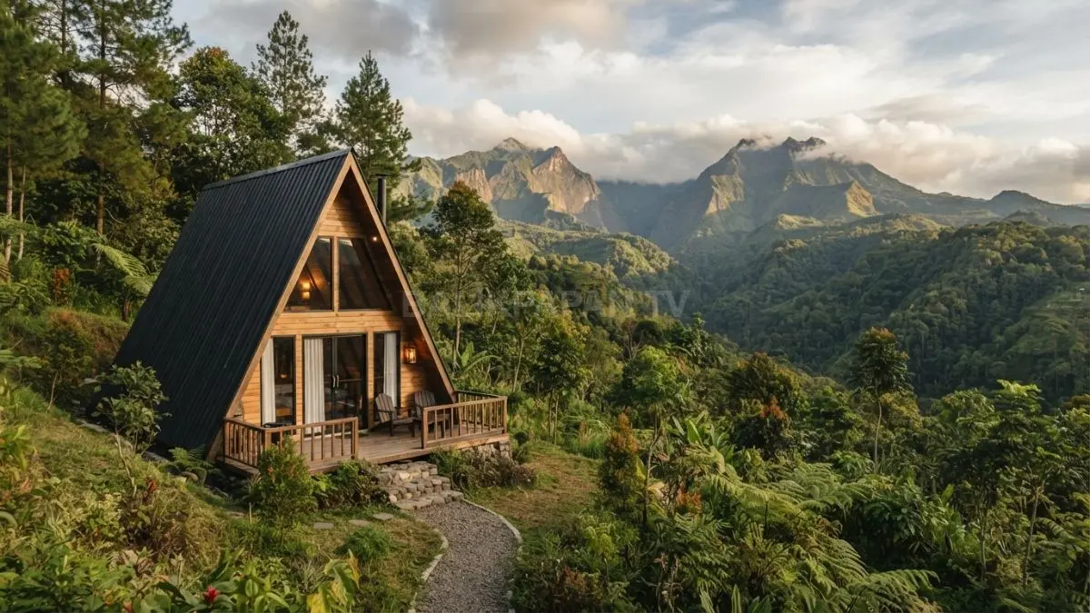A-Frame modern menghadirkan ruang terbuka, kaca besar, dan panorama alam yang menyatu dengan sempurna. (BTV/AI)