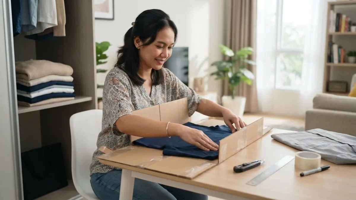 Alat pelipat kardus membantu menghasilkan pakaian rapi, hemat ruang, dan penyimpanan lebih teratur setiap hari (BTV/AI)

