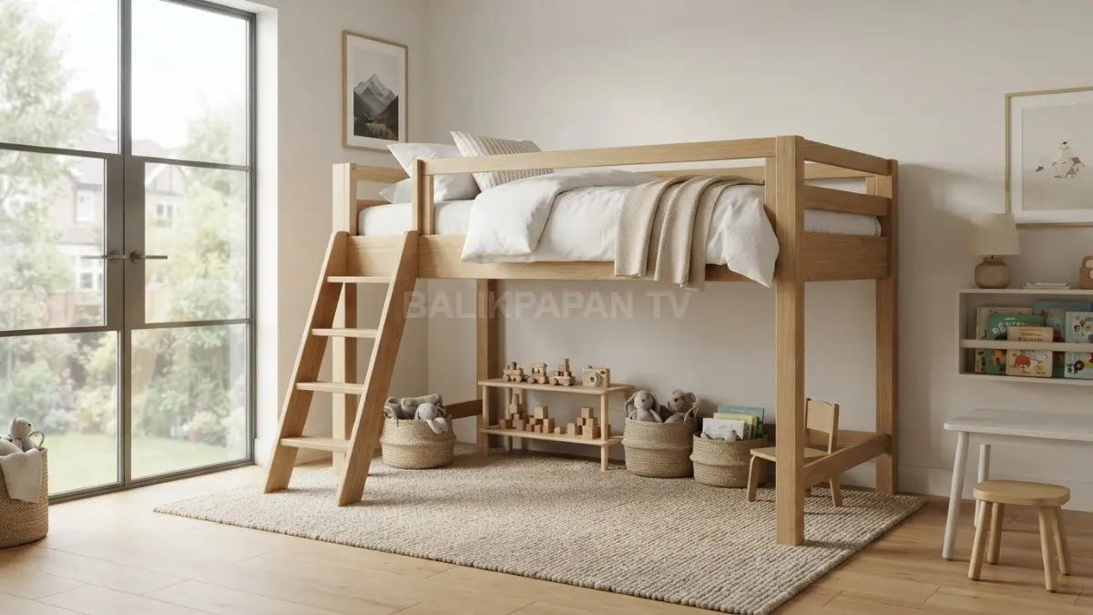 Area bawah loft bed multifungsi bisa diubah menjadi tempat bermain atau meja belajar anak. (BTV/Ai)