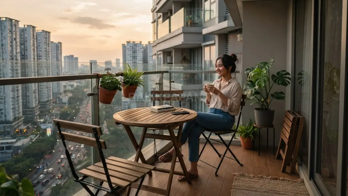 Balkon apartemen hemat biaya menggunakan furnitur lipat ringkas untuk menciptakan ruang nyaman multifungsi (BTV/AI)
