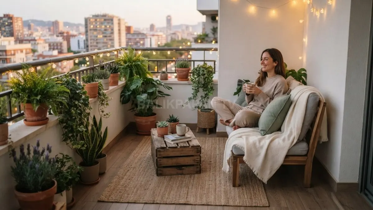 Balkon apartemen hemat biaya tampil nyaman dengan tekstil netral, tanaman, dan furnitur sederhana multifungsi (BTV/AI)
