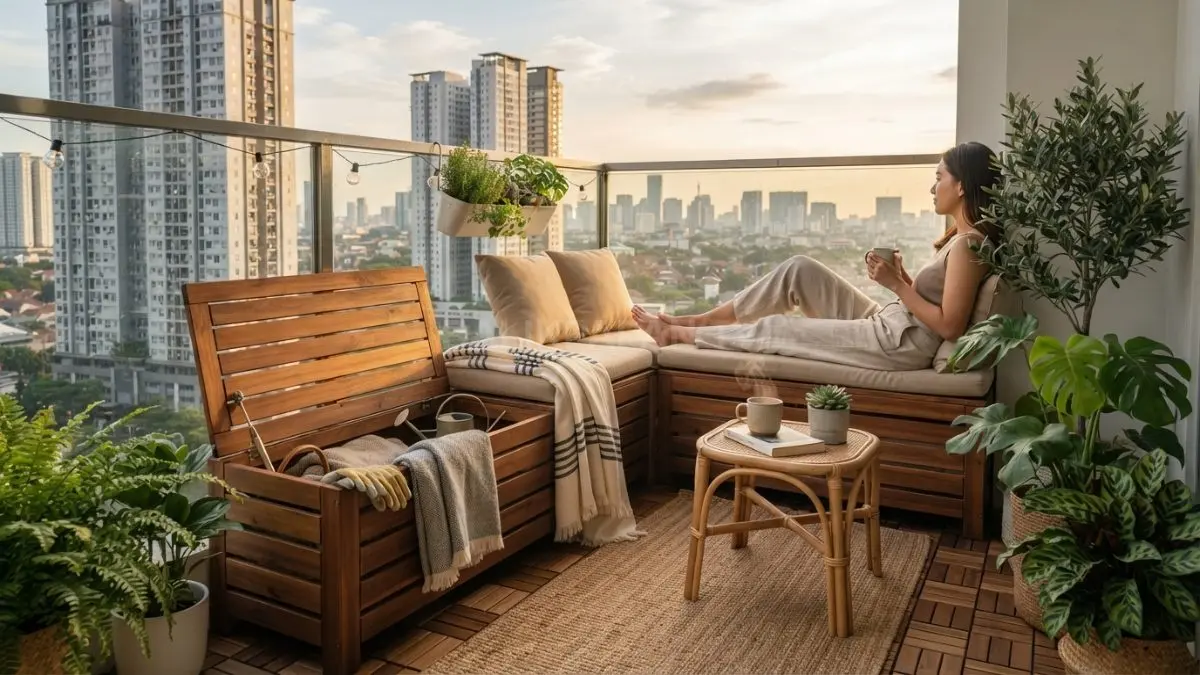 Balkon apartemen hemat biaya tampil rapi dengan furnitur multifungsi untuk ruang santai nyaman dan elegan (BTV/AI)
